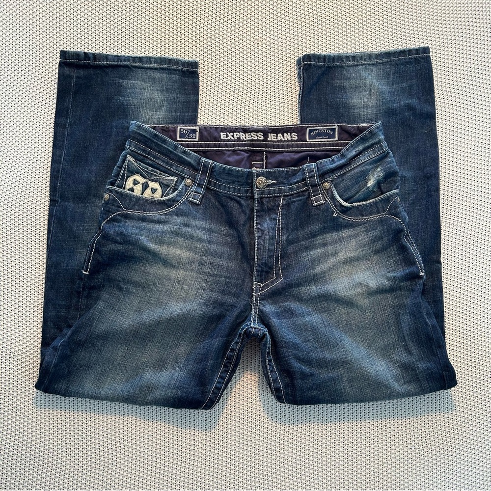 Vintage Y2K Express Jeans Kingston Men's Dark Blue Classic Boot 36/32 Patches